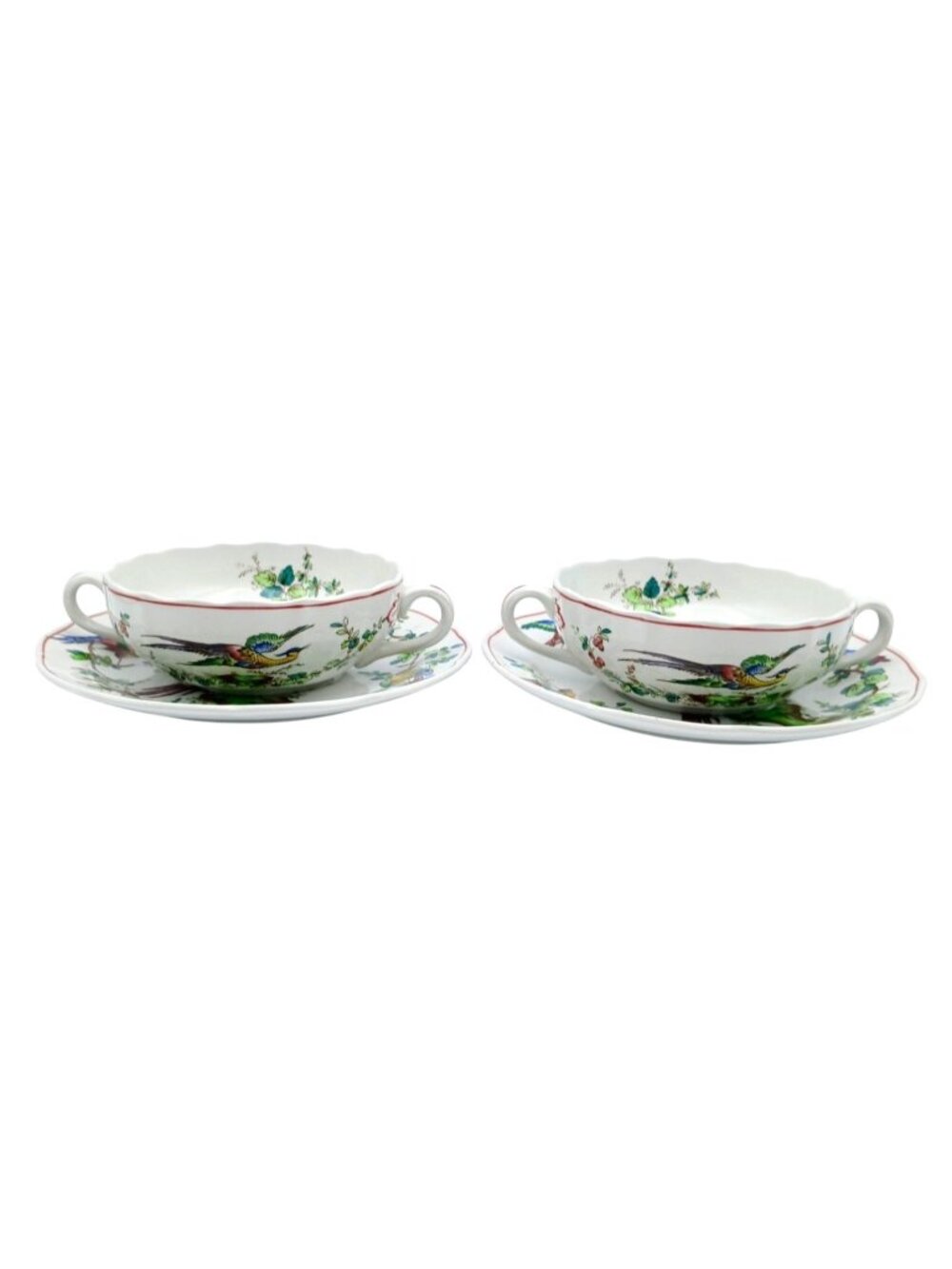 Cream Soup Bowl & Saucer Set of 2, Copeland Spode Chelsea Birds Thin Red Line
